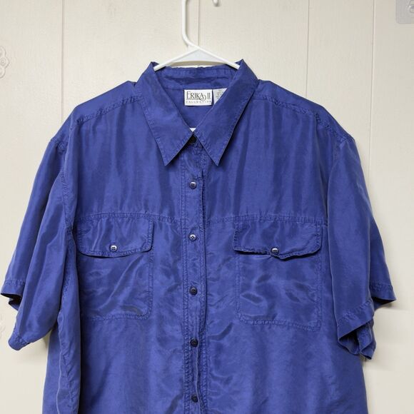 Erika 100% Sillk Short Sleeve Shirt Button Front Lightweight Blue Women 2x EUC - Picture 2 of 10